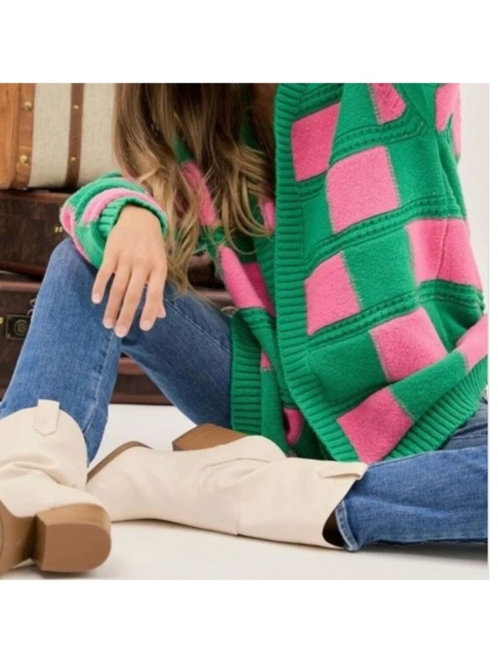 Davi & Dani Womens Green Pink Checkered Open Cardigan Sweater Cozy Stylish